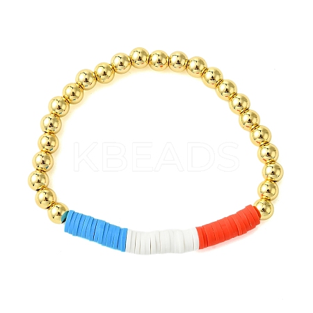 Independence Day 6mm Round Brass & Handmade Polymer Clay Beaded Stretch Bracelets for Women BJEW-JB10590-1