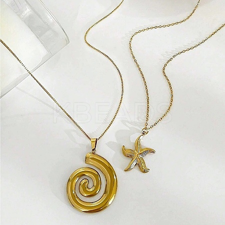 2Pcs 2 Styles 304 Stainless Steel Starfish Spiral Shell Shape Pendant Necklaces for Women NJEW-F358-01G-1