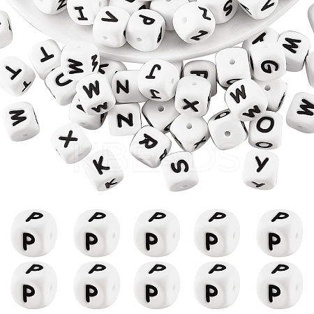 20Pcs White Cube Letter Silicone Beads 12x12x12mm Square Dice Alphabet Beads with 2mm Hole Spacer Loose Letter Beads for Bracelet Necklace Jewelry Making JX432P-1