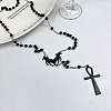 Alloy and Iron Ankh Cross Heart with Bat Wings Pendant Black Round Acrylic Rosary Bead Necklaces NJEW-D335-01BP-1