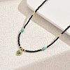 Vintage Stainless Steel Pave Synthetic Turquoise Heart Pendant Glass Faceted Round Beaded Necklaces for Women UN1640-5