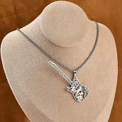 201 Stainless Steel Hollow Guitar Pendant Box Chain Necklaces LS-NJEW-M086-03P-1