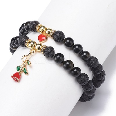 2Pcs 2 Style Style Natural Lava Rock & Golden Sheen Obsidian & Synthetic Hematite Stretch Bracelets Set BJEW-JB08734-1