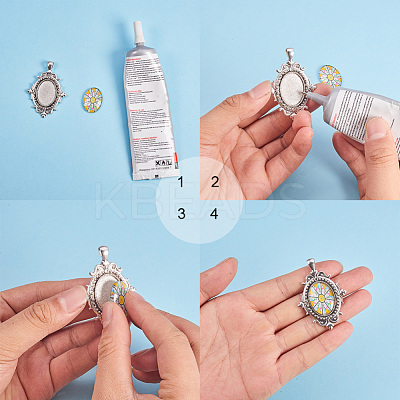 Tibetan Style Alloy Pendant Cabochon Settings and Mosaic Printed Glass Oval Cabochons TIBEP-PH0004-34AS-1