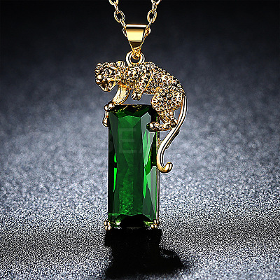 Rectangle with Leopard Alloy Fern Green Rhinestone Pendant Necklaces FS-WG97C8C-01-1
