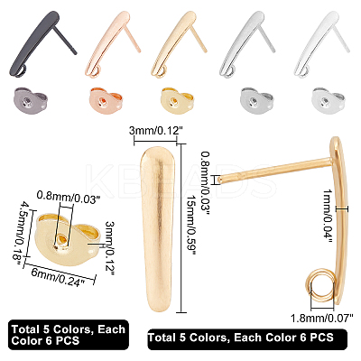 30Pcs 5 Colors 304 Stainless Steel Stud Earring Findings with Loop FIND-UN0001-11-1