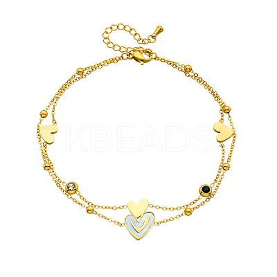 304 Stainless Steel Pave Clear and Black Cubic Zirconia & Natural White Shell Heart Pendant Double Layer Anklets for Women FS-WG8082B-01-1