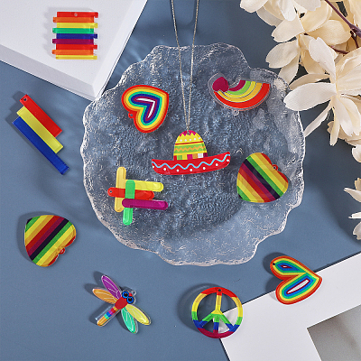 22Pcs 11 Styles Rainbow Color Printed Acrylic Pendants OACR-CA0001-21-1