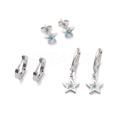 3 Pairs 3 Style Synthetic Shell Star with Enamel Evil Eye Dangle Hoop Earrings EJEW-B020-06P-1