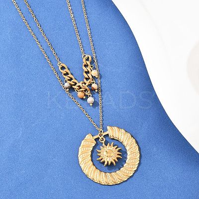 304 Stainless Steel Sun and Round Natural Crazy Agate Pendant Double Layer for Women NJEW-K252-13G-1