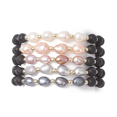 Natural Lava Rock & Cultured Freshwater Pearl Beads Stretch Bracelets for Women BJEW-JB12868-1