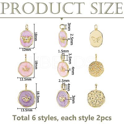 12Pcs 6 Styles Brass Micro Pave Clear Cubic Zirconia Pendants KK-HS0015-79-1