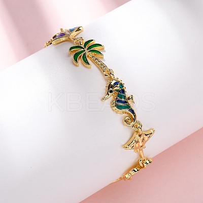 Ocean Theme Brass Cubic Zirconia with Enamel Link Bracelets for Women BJEW-F514-01B-G-1
