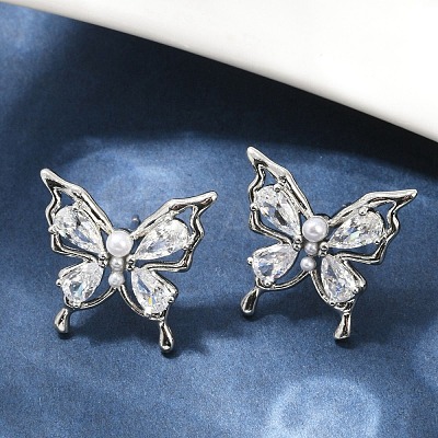Butterfly Brass Micro Pave Cubic Zirconia Stud Earrings EJEW-M082-17P-02-1