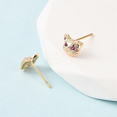 Cat Shape Brass Micro Pave Cubic Zirconia Stud Earrings EJEW-L278-11G-1