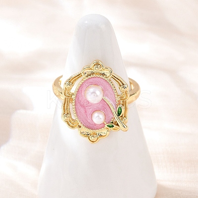 Brass Pearl Pink Enamel Flower Cuff Rings RJEW-C139-18A-G-1