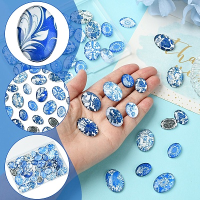 40Pcs 2 Styles Floral Theme Ornaments Glass Oval Flatback Cabochons GGLA-FS0001-10-1