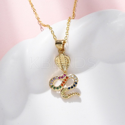 Brass Micro Pave Colorful Cubic Zirconia Snake Pendant Necklaces NJEW-S438-02H-G-1