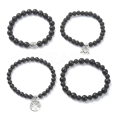 Natural Shungite & Lava Rock Round Beaded Bracelets Sets BJEW-JB09542-1