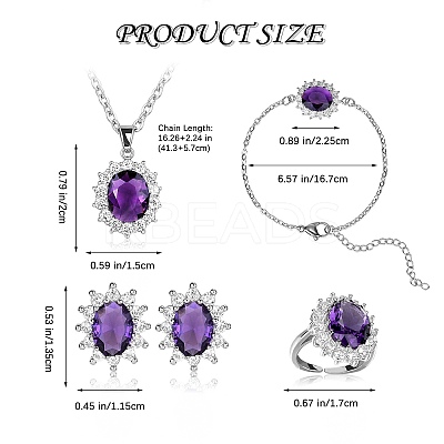Cubic Zirconia Oval Pendant Necklace & Link Bracelet & Cuff Ring & Stud Earrings SJEW-SZC0001-01E-1