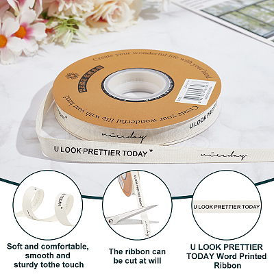 30 Yards Cotton U LOOK PRETTIER TODAY Word Printed Ribbon OCOR-WH0086-87E-1