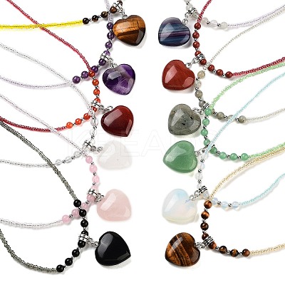 Natural & Synthetic Mixed Gemstone Heart Pendant Necklaces NJEW-G143-02-1