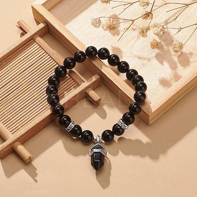 Natural Obsidian Round Beaded Stretch Bracelet with Bullet Charms BJEW-JB09018-05-1