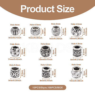 100Pcs 10 Style Tibetan Style Alloy European Beads FIND-CD0001-34-1