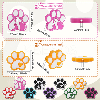 9Pcs 9 Style Dog Paw Print Food Grade Eco-Friendly Silicone Focal Beads SIL-CA0002-80-1