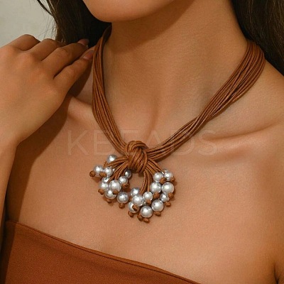 Bohemian Style Round Plastic Pearl & Resin Pendant Multi-Strand Waxed Cord Necklaces with Alloy End Chains FS-WG9073E-01-1