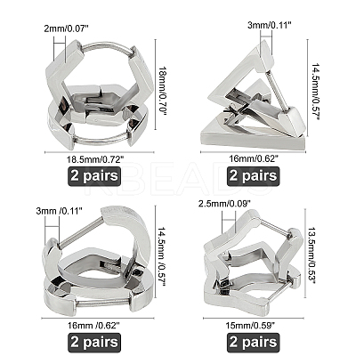 8Pairs 4 Styles 304 Stainless Steel Huggie Hoop Earrings STAS-UN0021-60P-1