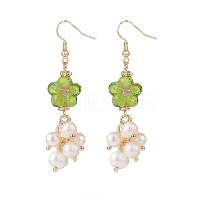 Lampwork Flower with Natural Pearl Dangle Earrings EJEW-TA00145-1