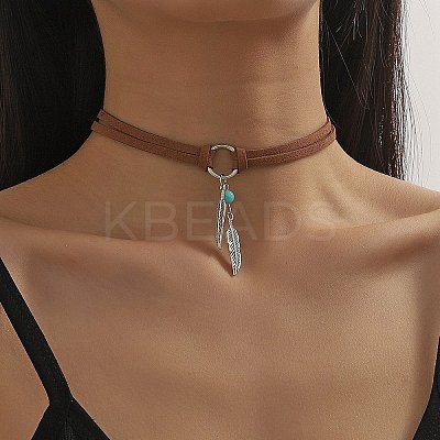 Bohemian Style Alloy Feather with Synthetic Turquoise Pendant Choker Necklaces for Women LS-NJEW-G158-01B-1