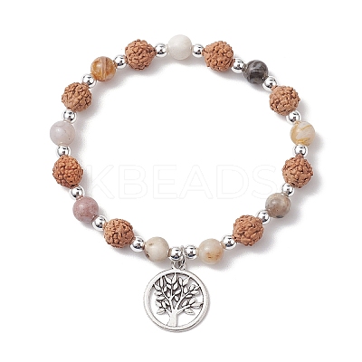 Round Natural Bamboo Leaf Agate & Electroplated Synthetic Non-magnetic Hematite & Natural Rudraksha Beaded Stretch Bracelets BJEW-JB10661-1