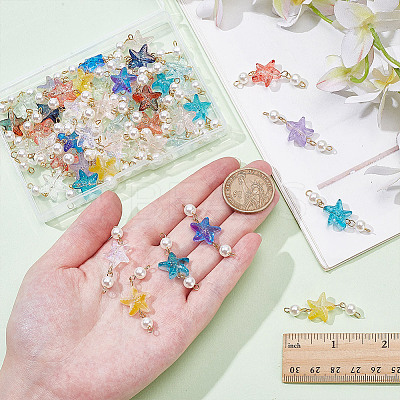 50Pcs Gradient Color Baking Paint Transparent Glass Starfish & ABS Plastic Imitation Pearl Connector Charms PALLOY-AR00033-1