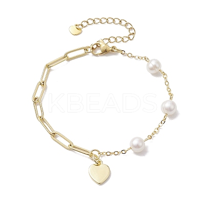 Natural Cultured Freshwater Pearl Beads Paperclip Chains Heart Charm Bracelets with Lobster Claw Clasps for Women BJEW-JB10192-1