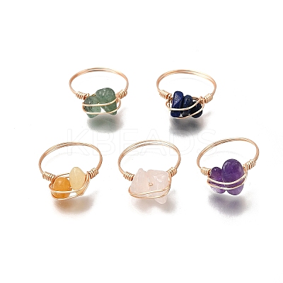 Natural Gemstone Braided Bead Chips Finger Rings RJEW-TA00216-01-1