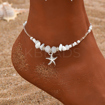 Natural White Jade Chips & Glass Beads Anklets WGE754A-02-1