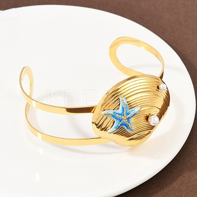 Shell Shape 304 Stainless Steel Enamel Cuff Bangles for Women LS-BJEW-A049-04B-G-1