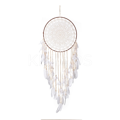 Handmade Round Cotton Woven Net/Web with Feather Wall Hanging Decoration HJEW-G015-02A-1