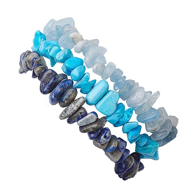 3Pcs Natural Aquamarine & Natural Lapis Lazuli & Synthetic Turquoise Chip Beaded Stretch Bracelet Sets BJEW-JB10861-1