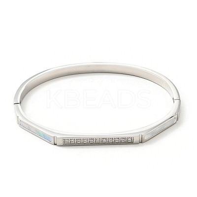 Shell Oval and Cubic Zirconia Hinged Bangle BJEW-G644-01-1