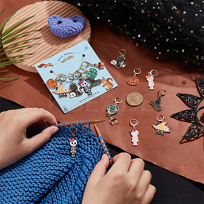 Halloween Theme Alloy Enamel Pendant Stitch Markers HJEW-AB00230-1