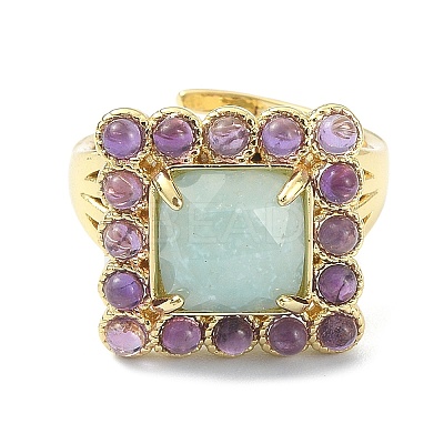 Natural Amazonite & Amethyst Rectangle Adjustable Ring RJEW-B030-01B-02-1