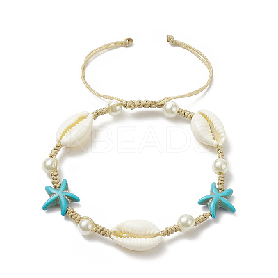 Synthetic Turquoise(Dyed) Starfish & Natural Shell & Glass Pearl Braided Bead Bracelet BJEW-TA00218-1