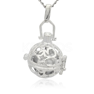 Silver Color Plated Brass Hollow Round Cage Pendants KK-J226-08S-1