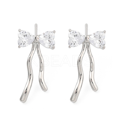 Bowknot Brass Pave Clear Cubic Zirconia Stud Earrings for Women EJEW-S216-02B-P-1
