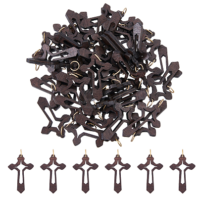 50Pcs Cross Wood Pendants PALLOY-FH00175-1