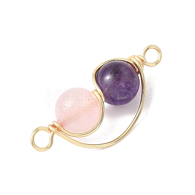Copper Wire Wrapped Natural Rose Quartz & Amethyst Round Beded Links Connector Charms PALLOY-JF04678-03-1
