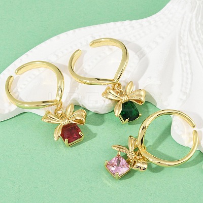 Brass Micro Pave Cubic Zirconia Adjustable Open Cuff Rings for Women RJEW-U057-05G-1